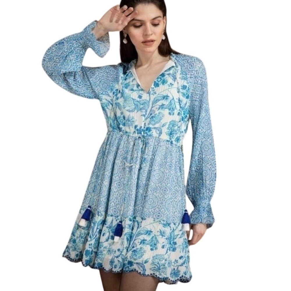 House of Harlow 1960 Blue Floral Medallion Tassel Mini Dress Boho SMALL